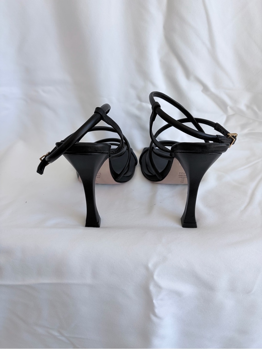 SCHUTZ Black Strappy Square-Toe Heeled Sandals with Gold Buckle - Picture 3 of 4